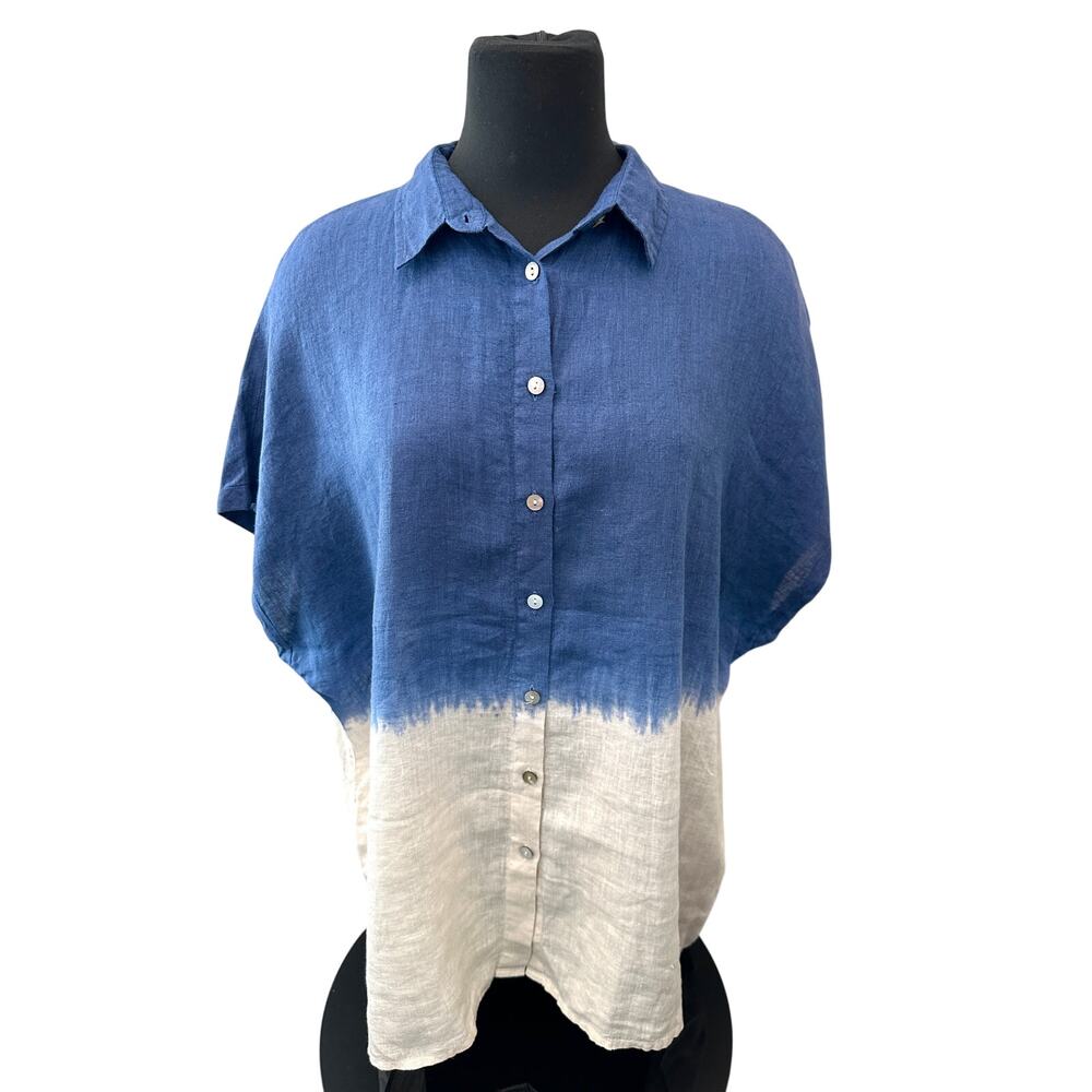 FABULOUS! | 100% Linen Blue Ombré Button Front Shirt Top Coastal Boho | XL - Picture 2 of 7